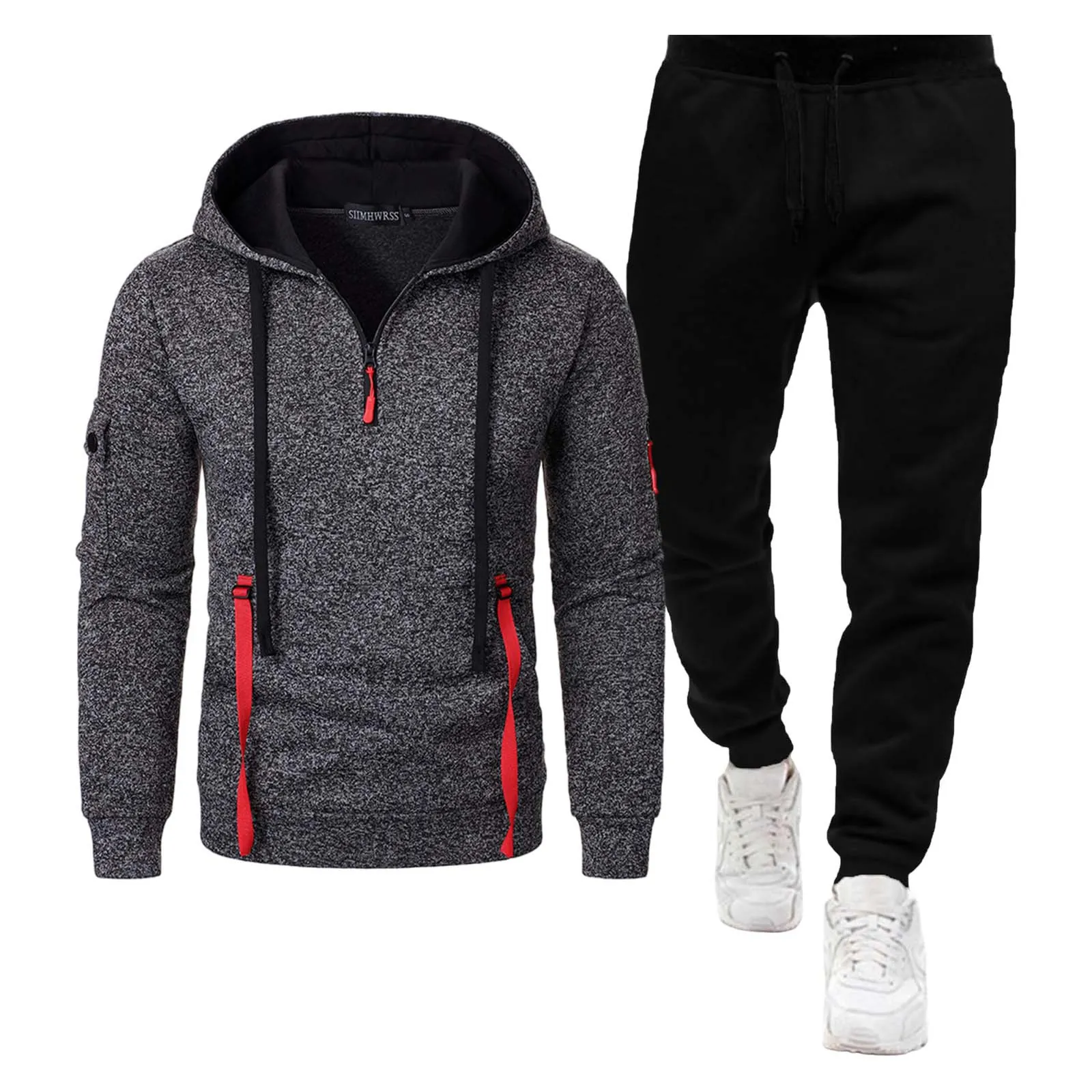 Ensemble Sweat à Capuche Décontracté pour Hommes en Polyester Sweatshirt Zippé et Pantalon de Jogging Survêtement Deux Pièces avec Poches