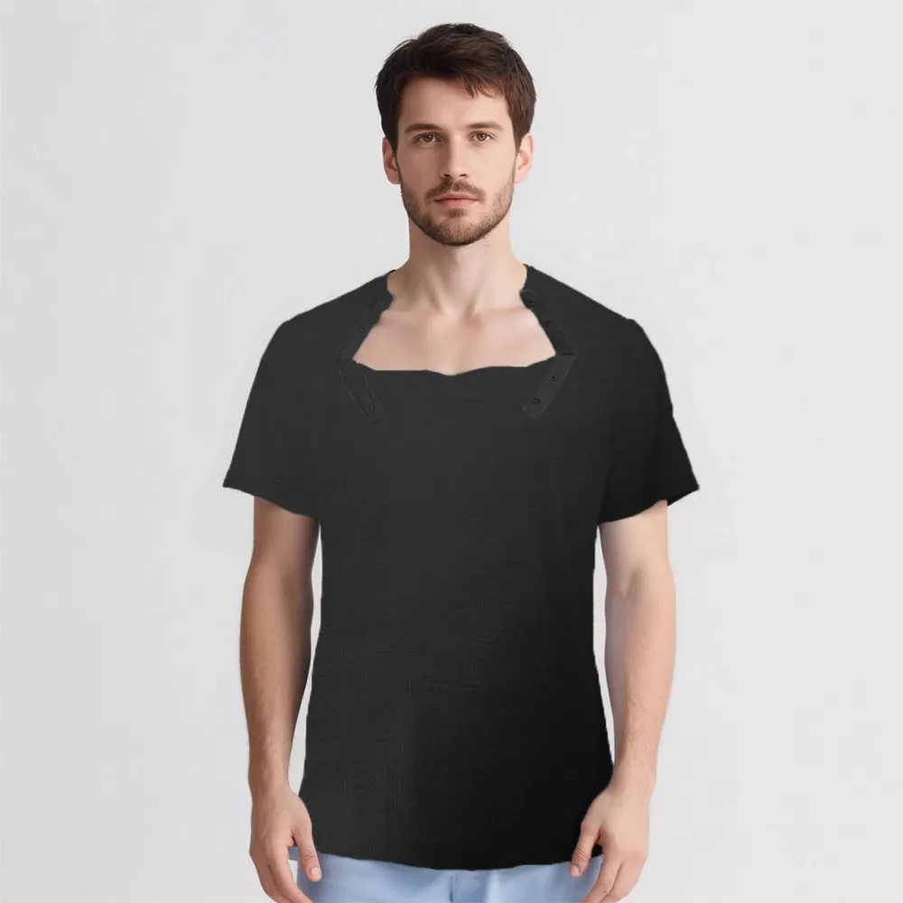 Men's Adaptive Post-Surgery Recovery T-Shirt With Shoulder Snaps Short Sleeve Cotton Blend Nursing Clothing For Patient