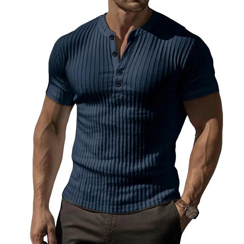Chemise Henley Décontractée pour Hommes en Tricot à Côtes Manches Courtes Coupe Ajustée Mélange de Coton avec Boutons
