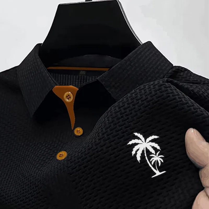 Polo décontracté pour hommes en tricot gaufré à manches courtes avec col contrasté et imprimé cocotier mode été