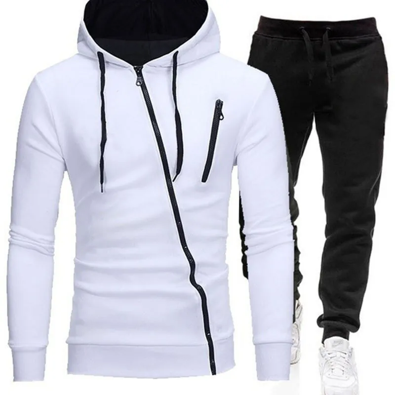 Men's Casual Diagonal Zipper Hoodie Sweatpants Hooded Sweatshirt Jogger Pants Contrast Color Sportswear Tracksuit Top And Pants