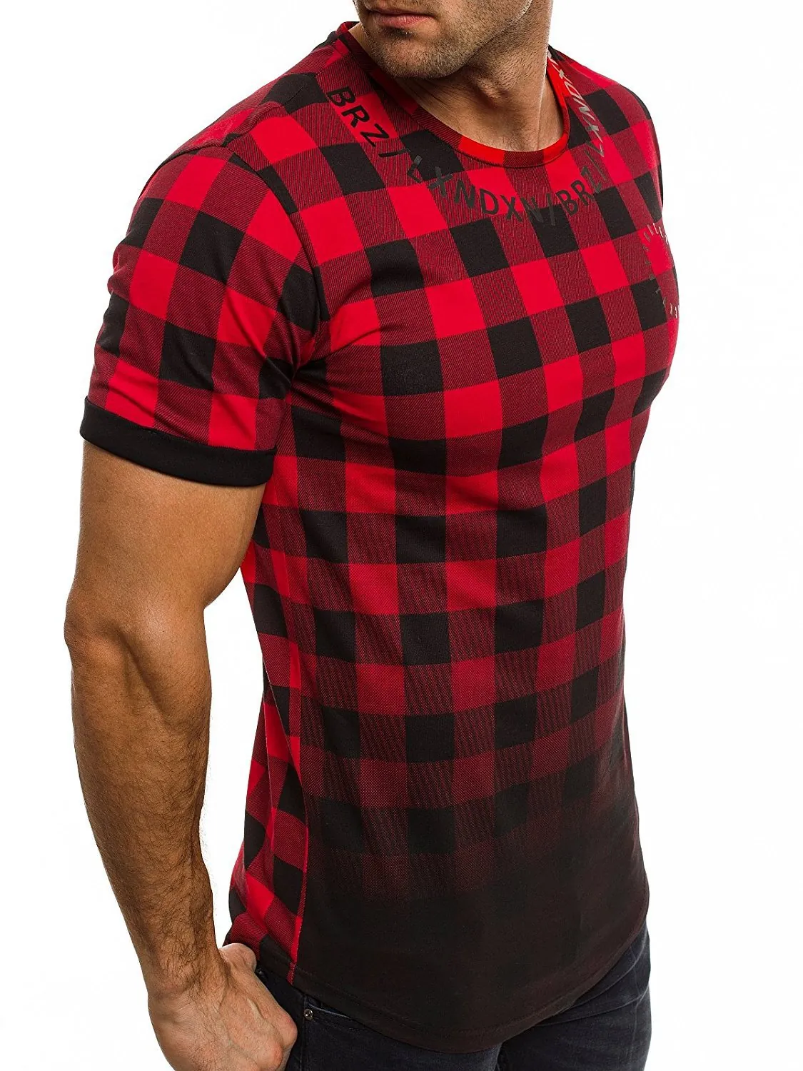 Men's Fashion Plaid Gradient T-Shirt Short Sleeve Slim Fit Round Neck Polyester Top For Casual Daily Wear