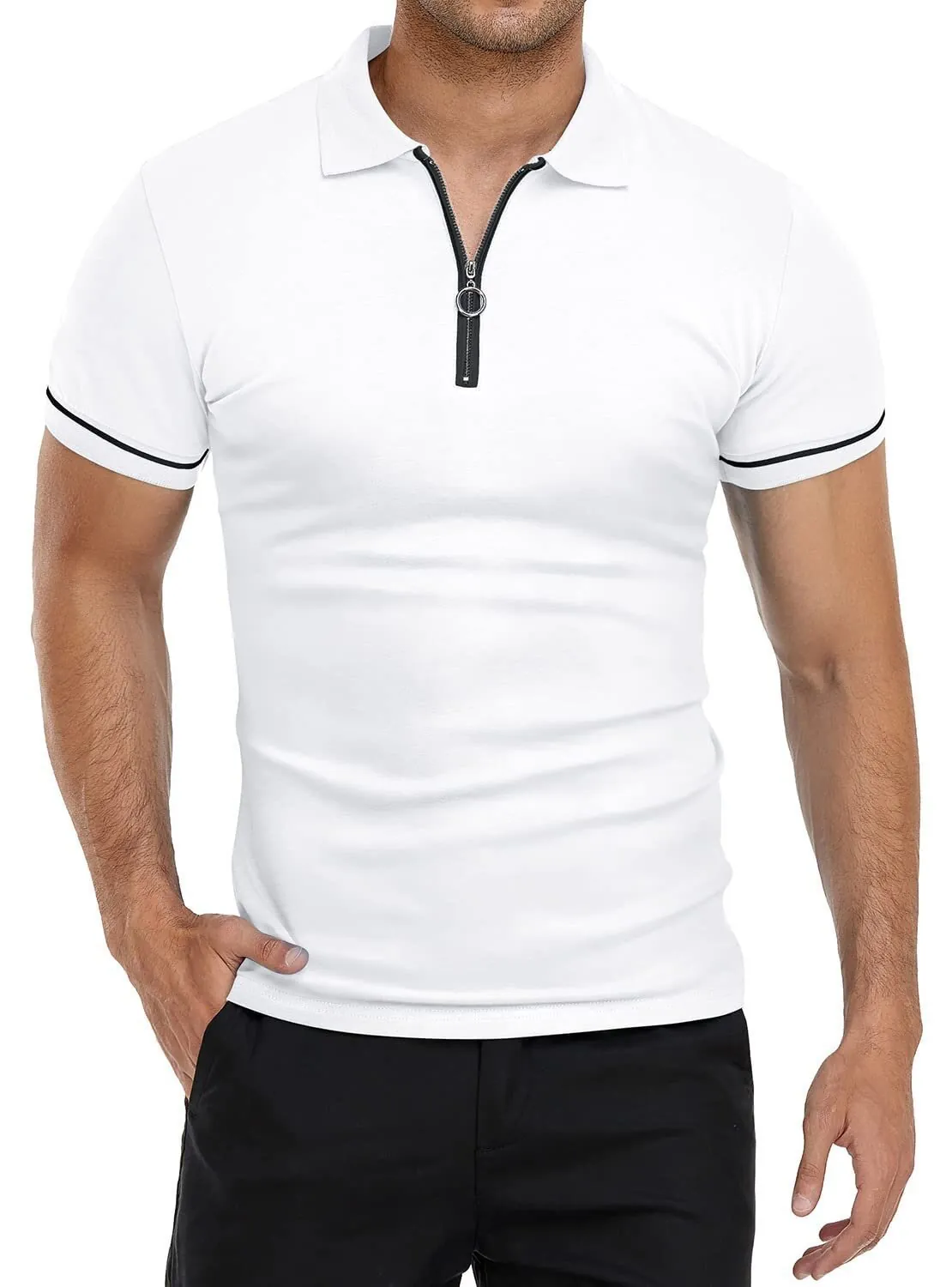 Men's Slim Fit Short Sleeve Polo Shirt Zipper Collar Solid Color Casual Summer Top With Contrast Striped Sleeves Breathable