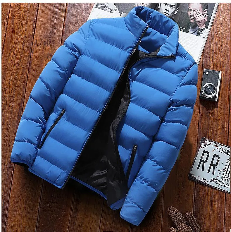 Men's Winter Stand Collar Puffer Jacket Horizontal Quilted Padded Coat Warm Windproof Casual Outdoor Outerwear For Men