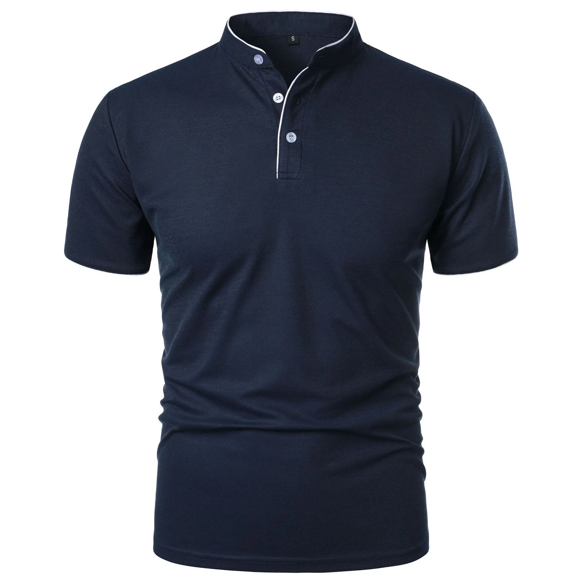 Men Short Sleeve Polo Shirt Stand Collar Business Casual Solid Color Polyester Top With Contrast Piping Breathable Fashion Summer Clothing