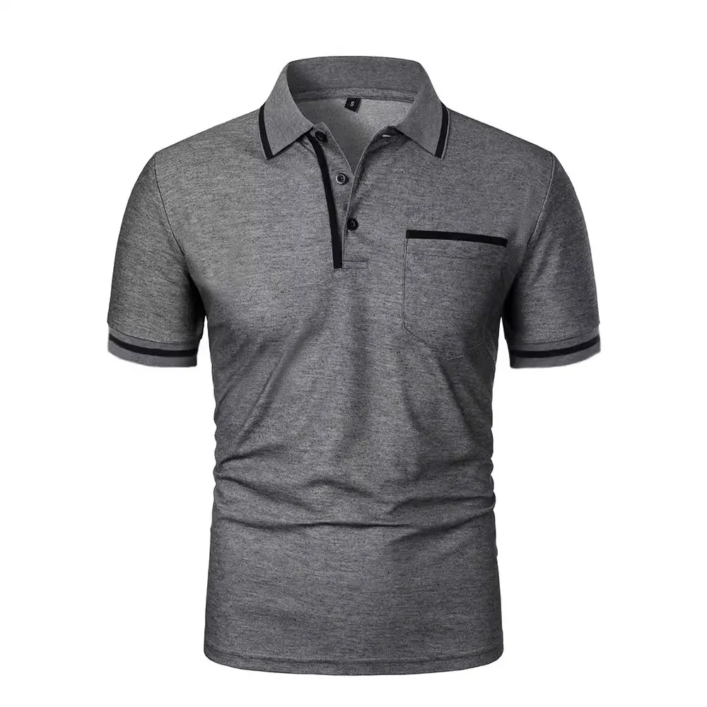 Men's Casual Slim Fit Short Sleeve Polo Shirt With Contrast Stripes Pocket Button Down Pique Embroidered Sport Top