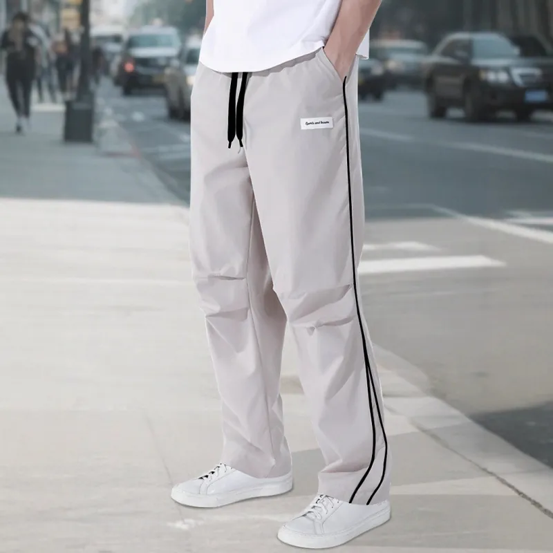 Men Casual Straight Leg Sweatpants With Side Stripes Polyester Drawstring Elastic Waist Sporty High Street Fashion Trousers Daily Wear