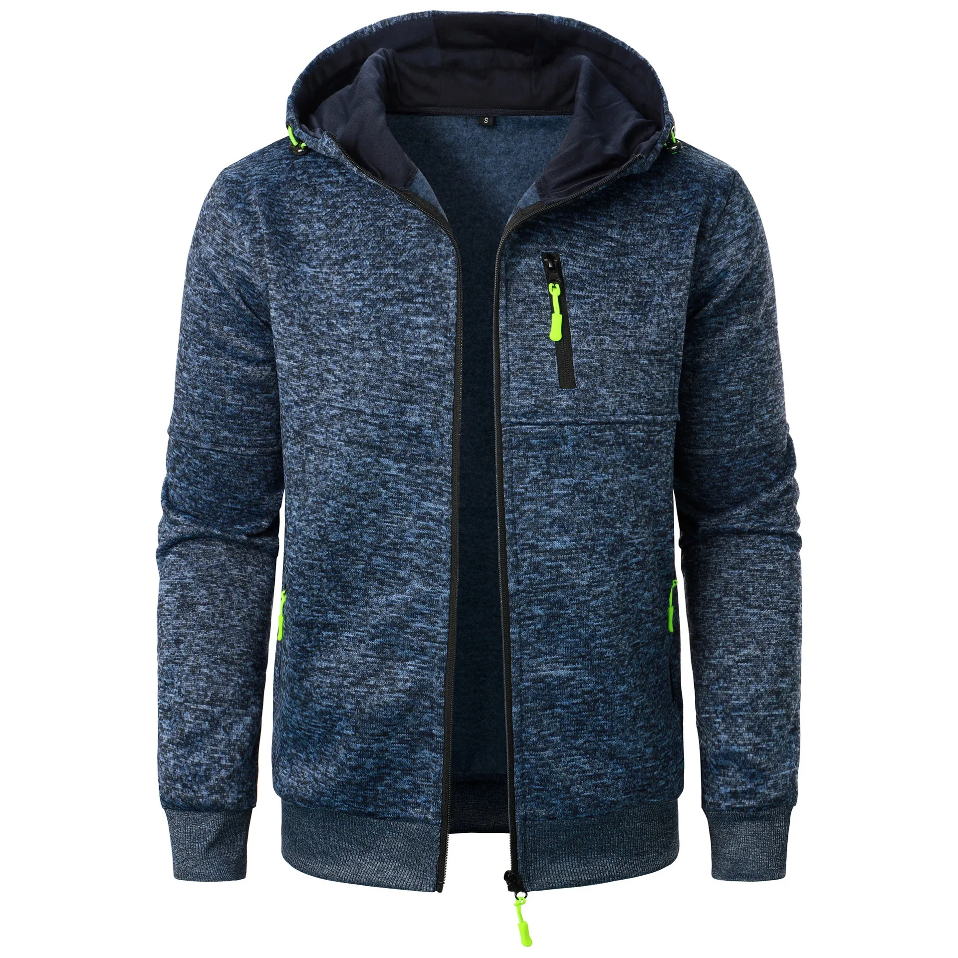 Men's Casual Hooded Zipper Jacket Melange Knit Sweatshirt Fleece Lined Sporty Coat With Contrast Zip Pockets Outdoor Warm Top