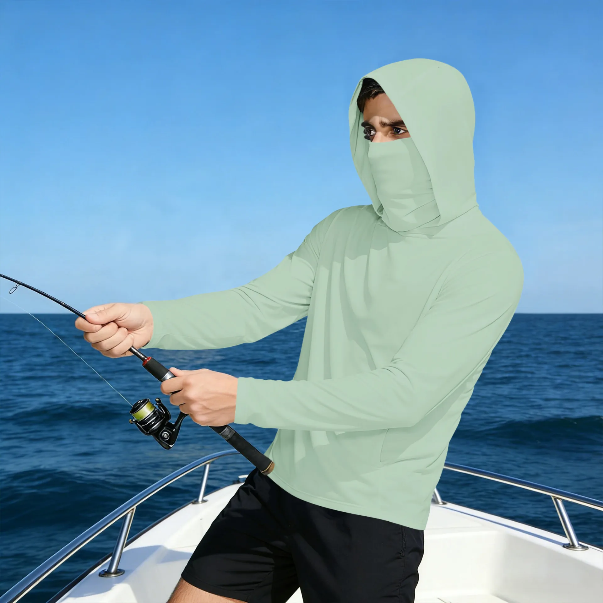 Men Outdoor Sun Protection Hoodie Ice Satin Breathable UV Fishing Shirt Integrated Face Mask Long Sleeve Quick Dry Jacket