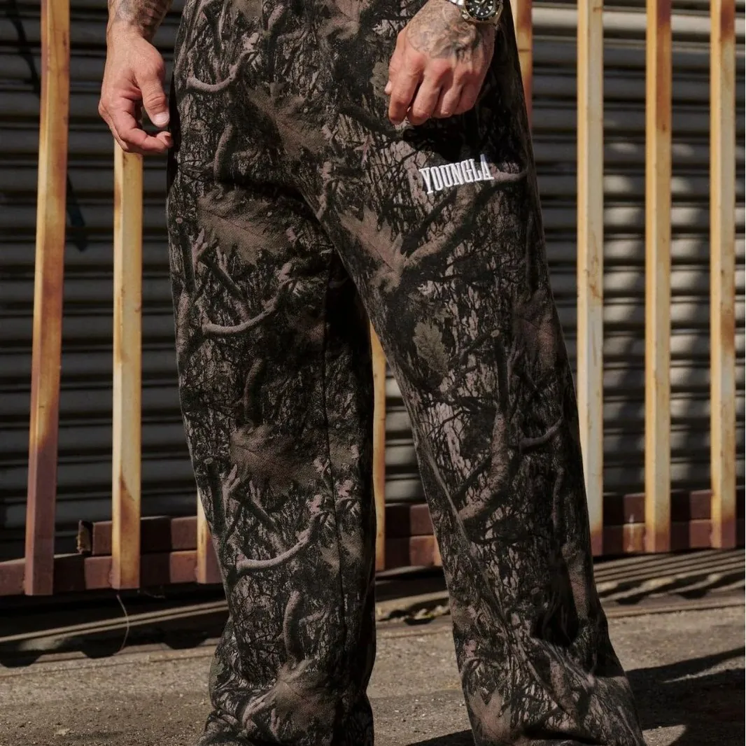 Pantaloni Sportivi Mimetici da Uomo Larghi in Poliestere Joggers a Gamba Dritta Traspiranti con Stampa Albero Streetwear Palestra
