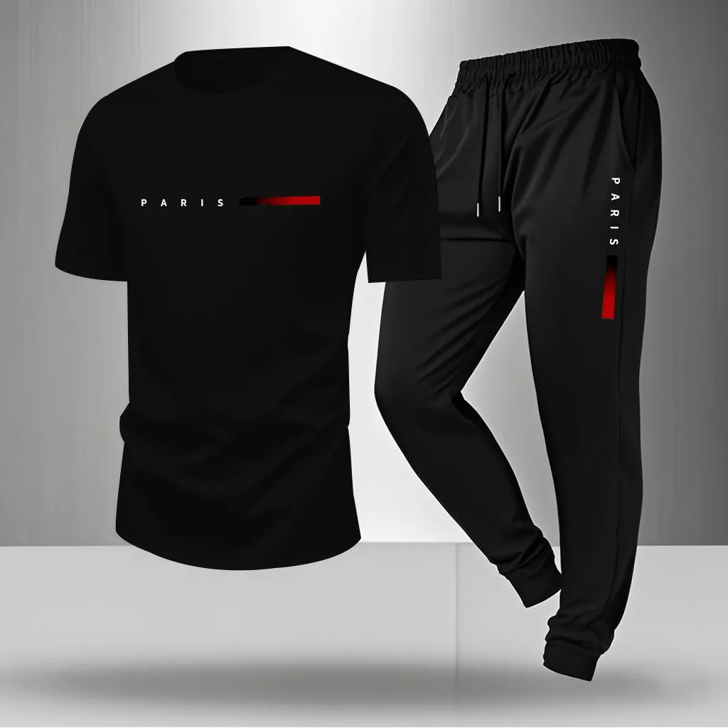 Men Sports Outfit Round Neck T-Shirt And Jogger Pants Breathable Polyester Blend Casual Outdoor Suit For Gym Workout Summer Men Clothes