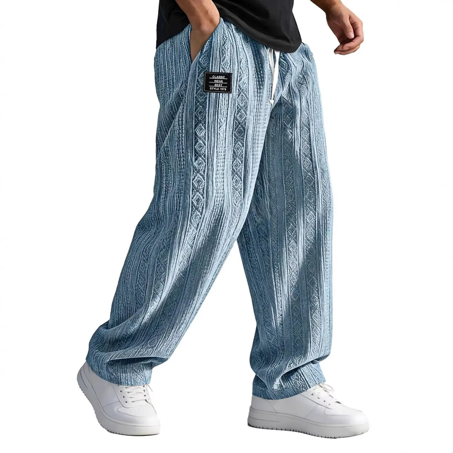 Men Casual Loose Straight Leg Pants Drawstring Waist Jacquard Texture Trousers For Spring Summer Sporty Streetwear Style