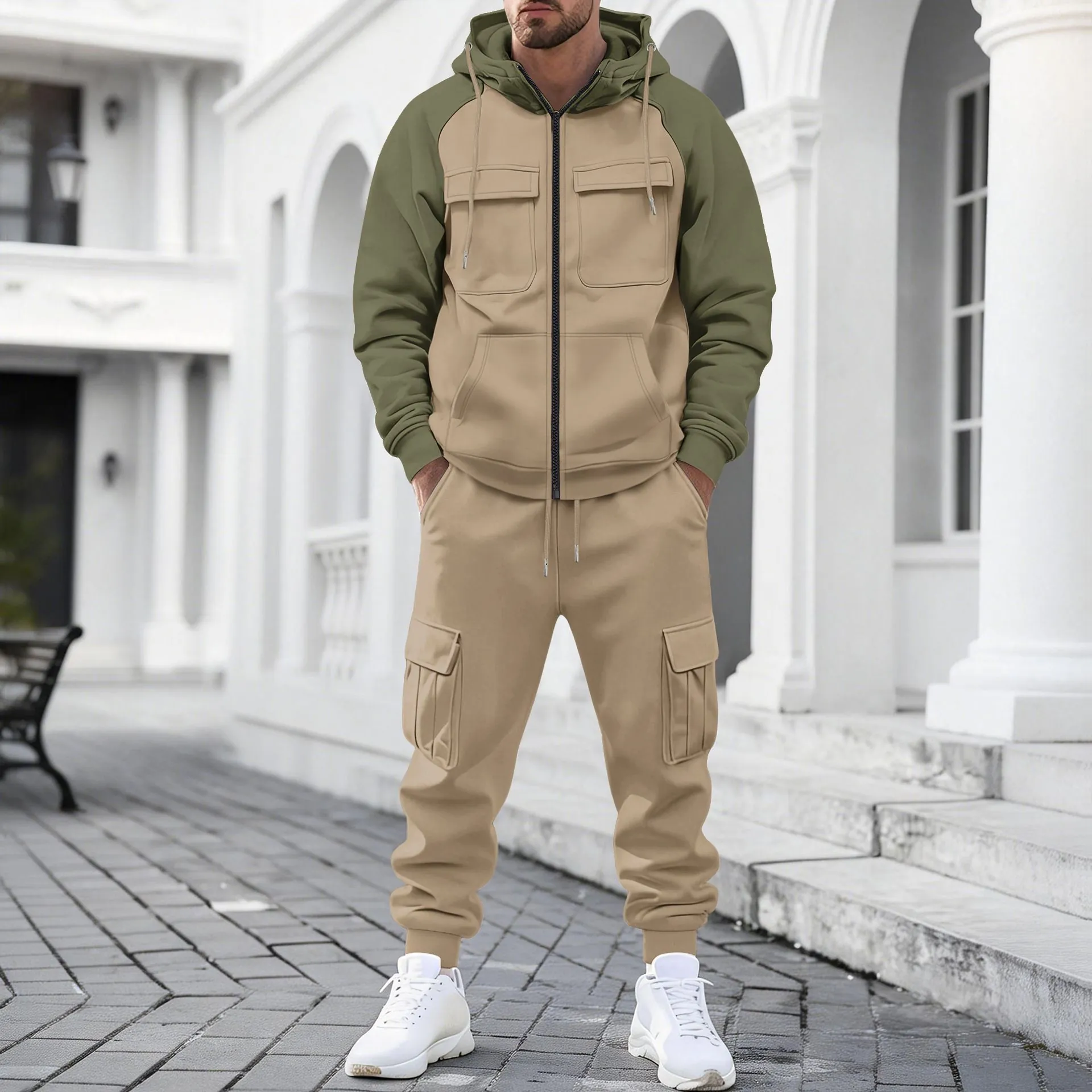 Men Heavyweight Fleece Hooded Jacket And Multi Pocket Cargo Pants Casual Sporty Color Block Winter Two Parts Suits