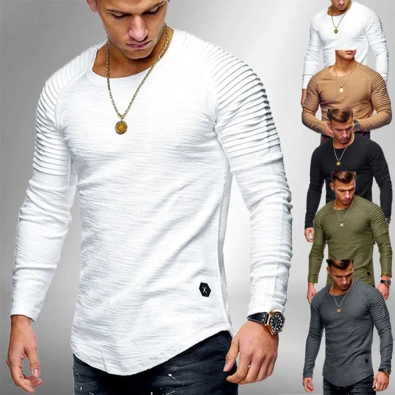 Maglietta da Uomo Fashion Slim Fit a Manica Lunga Con Design a Pliche Sulle Spalle Girocollo Orlo Curvo Casual Tinta Unita in Poliestere