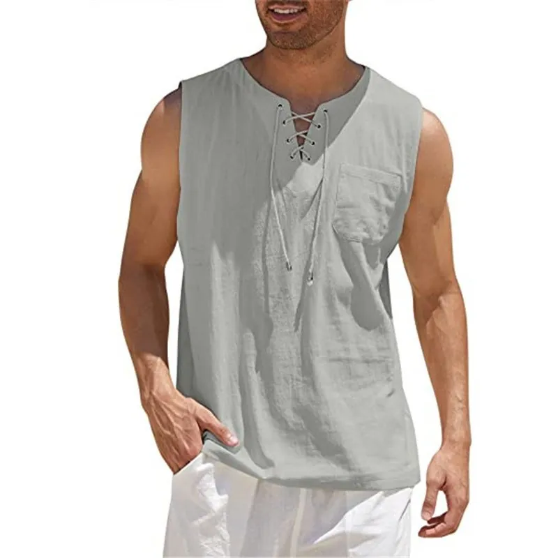 Herren Casual Baumwollleinen Ärmelloses Hemd Schnür V-Ausschnitt Tank Top Retro Einfarbig Sommer Strand Weste Mit Brusttasche