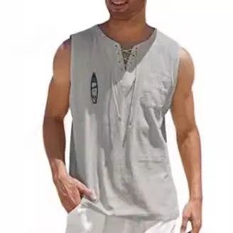 Herren Casual Baumwollmischung Ärmelloses Weste Sommer Atmungsaktiv Schnürung V-Ausschnitt Tank Top Mit Brusttasche Einfarbig Urlaub Strandmode
