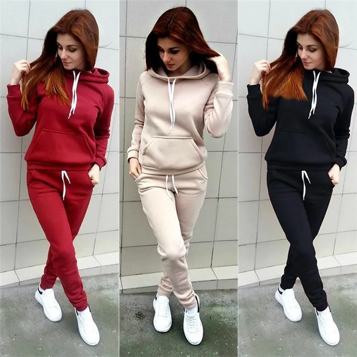 Women Casual Fleece Tracksuit Set Long Sleeve Hooded Sweatshirt And Jogger Pants Solid Color Sporty Two Piece Outfits For Loungewear