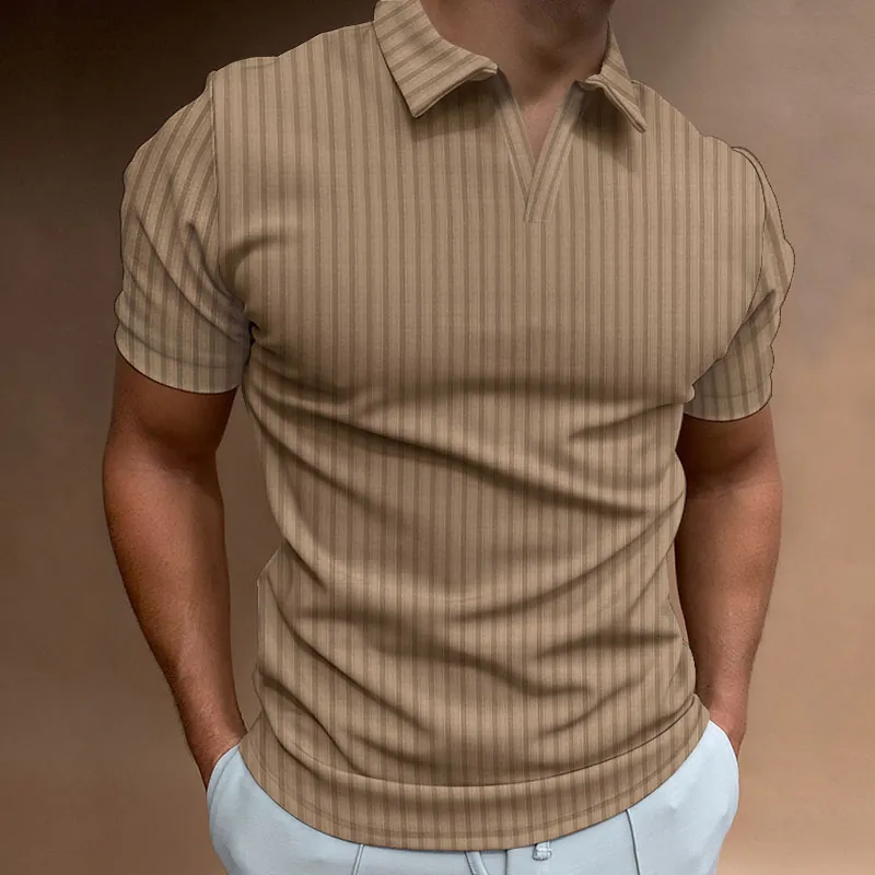 Polo a Costine da Uomo Manica Corta Scollo a V Maglia a Righe Casual Quotidiano Moda Misto Poliestere Abbigliamento Uomo