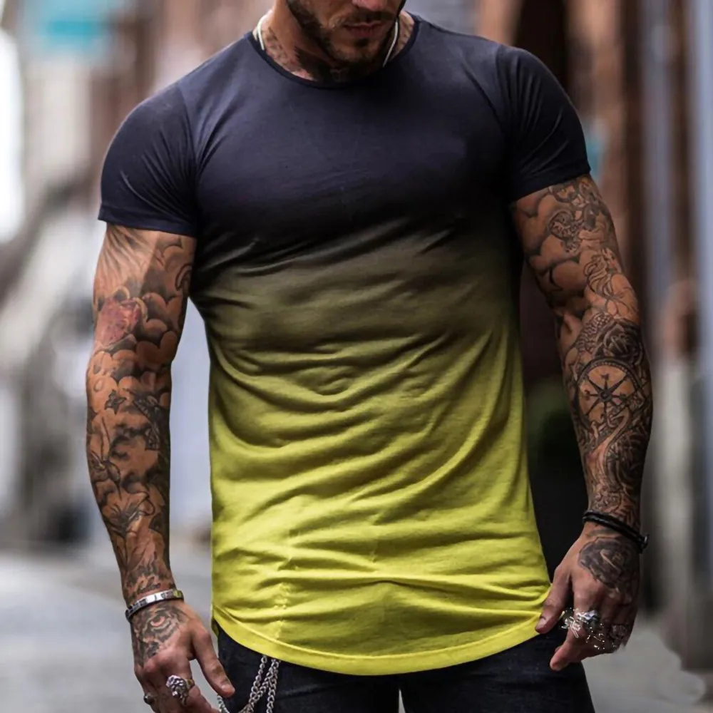 T-Shirt de Sport Décontracté à Dégradé pour Hommes Col Rond Manches Courtes Séchage Rapide Respirant Top pour Fitness Streetwear Été Adolescent Vêtements Extensibles
