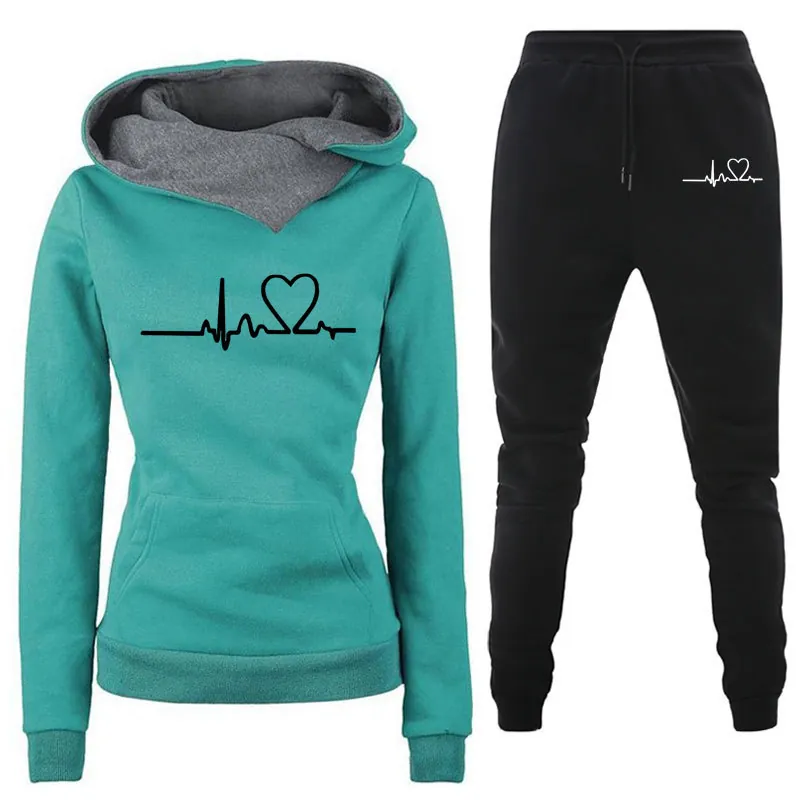 Women's Hoodie And Pants Tracksuit Polyester Blend Heartbeat Heart Print Casual Sporty Long Sleeve Hooded Sweatshirt Joggers