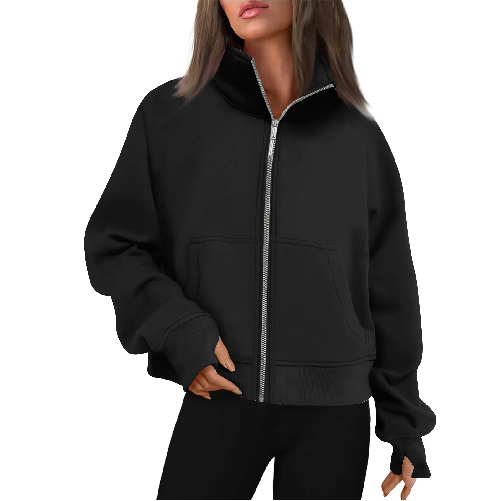 Women's Stand Collar Full Zip Fleece Lined Hoodie Sweatshirt With Thumbholes Casual Slim Long Sleeve Solid Color Pocket Jacket