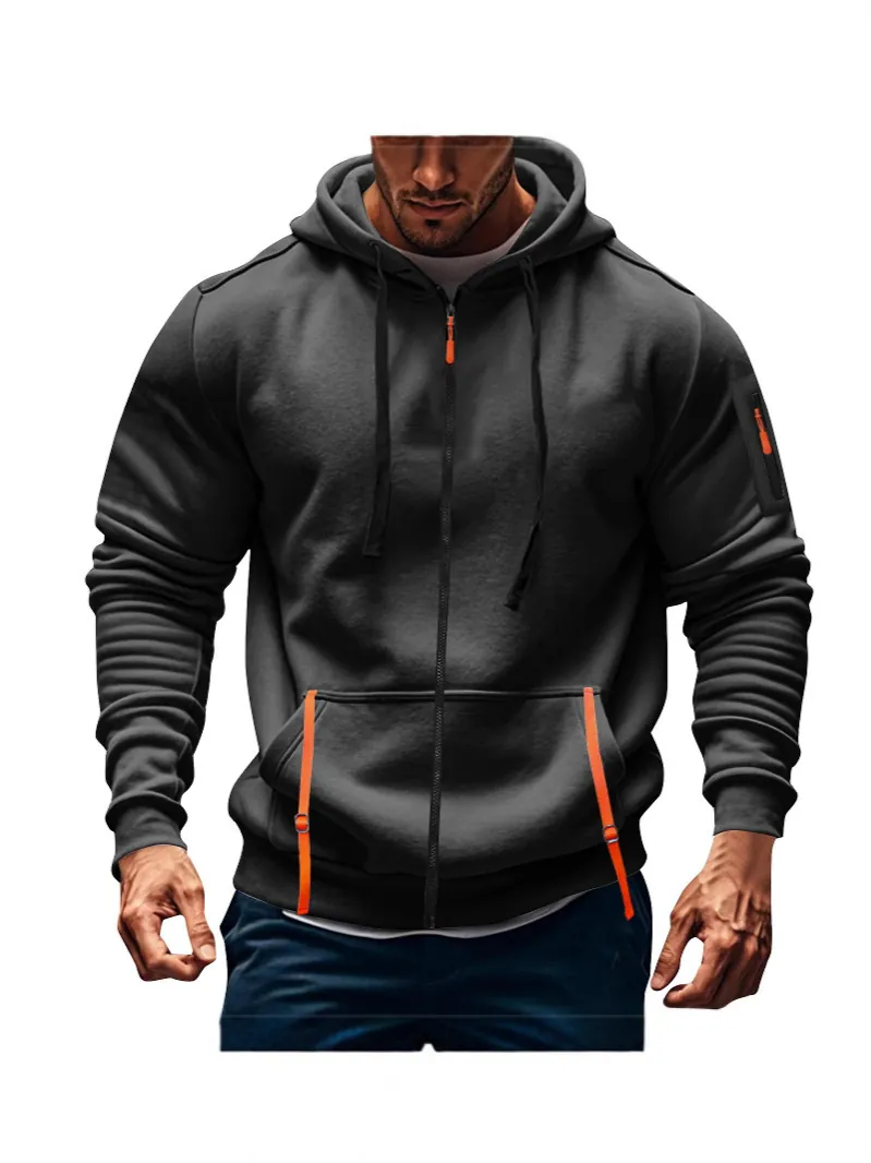 Herren Full Zip Hoodie Polyester Sportliche Kapuzenjacke Mit Orangefarbenem Kontrast Reißverschluss Tasche Casual Sweatshirt