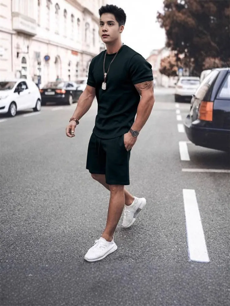 Men Casual Short Sleeve T-Shirt And Shorts Suit Polyester Blend Solid Color Summer Streetwear Sporty Urban Daily Outfit For Men