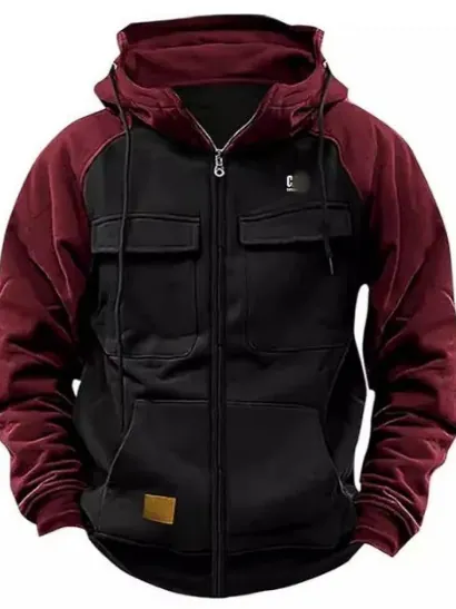Felpa con Cappuccio da Uomo Cerniera Blocco di Colore Workwear Tasche Cargo Streetwear Giacca Calda per Primavera Autunno