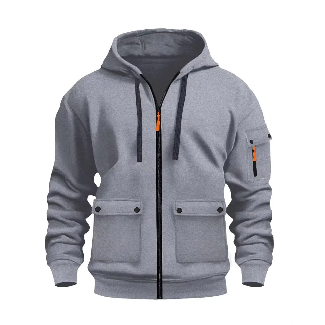 Men's Full Zip Hoodie Polyester Multi Pocket Hooded Sweatshirt Casual Outdoor Sport Workwear Cargo Style Jacket For Men