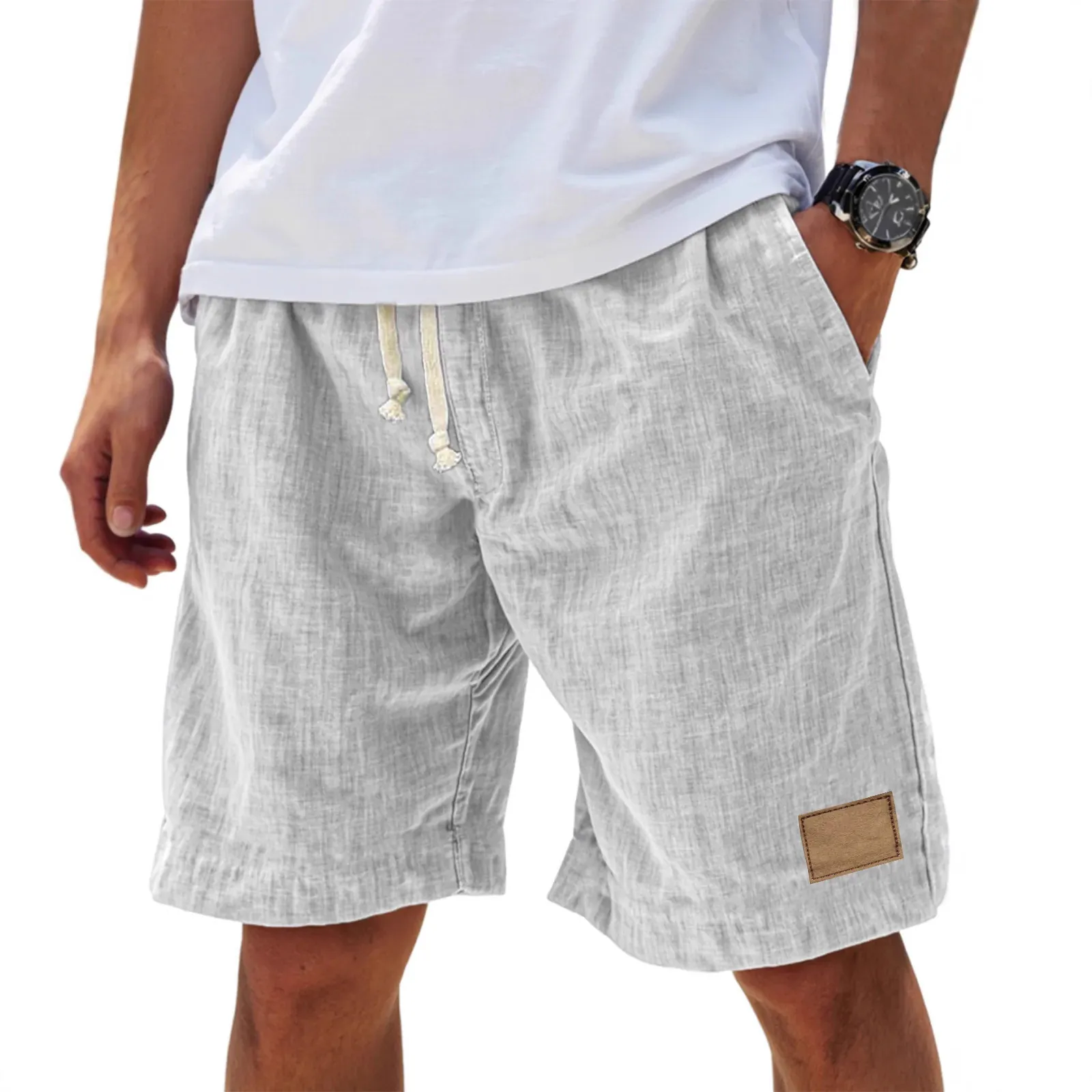 Men's Vintage Cotton Linen Shorts Casual Breathable Drawstring Waist Beach Shorts Solid Color Summer Bottoms For Men