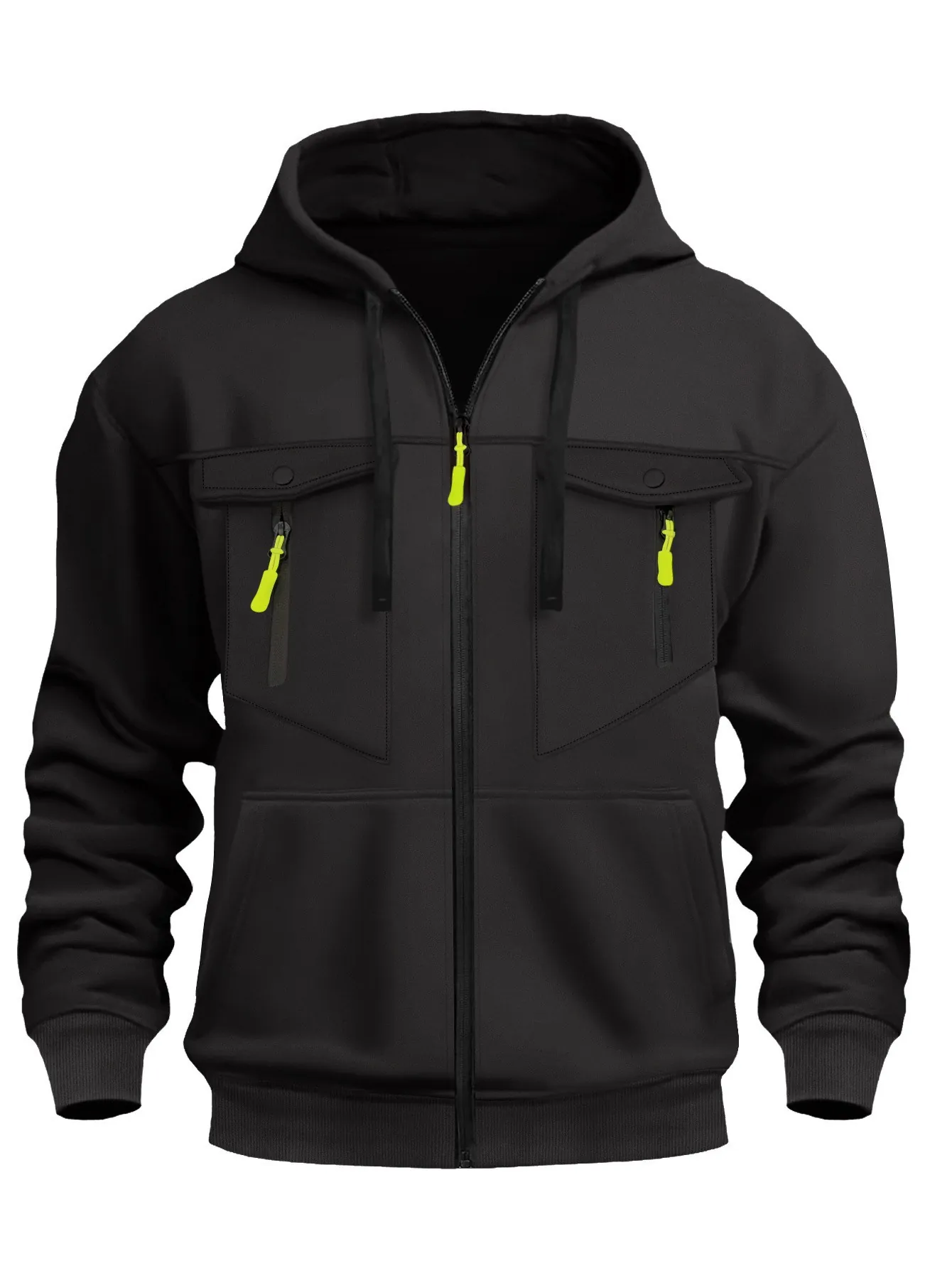 Sweat à Capuche Zippé Décontracté pour Hommes en Poliestere Couleur Unie Style Workwear avec Fermeture Éclair Contrastée et Poches