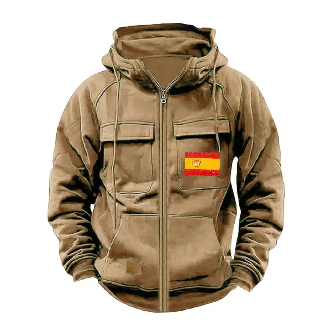 Men's Tactical Spanish Flag Hoodie Full Zip Sweatshirt Multi-Pocket Outdoor Casual Fleece Jacket Autumn Winter Warm Tops