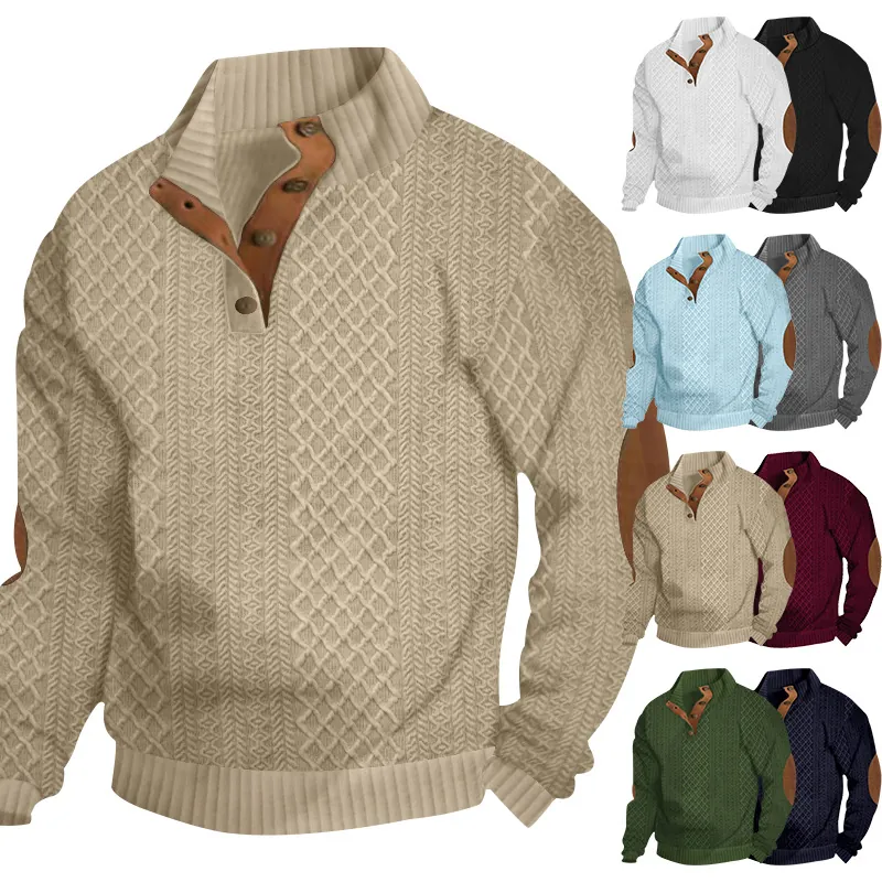 Heren Staande Kraag Jacquard Gebreide Pullover Sweatshirt Met Elleboogstukken Outdoor Casual Lange Mouw Warme Top Voor Herfst Winter