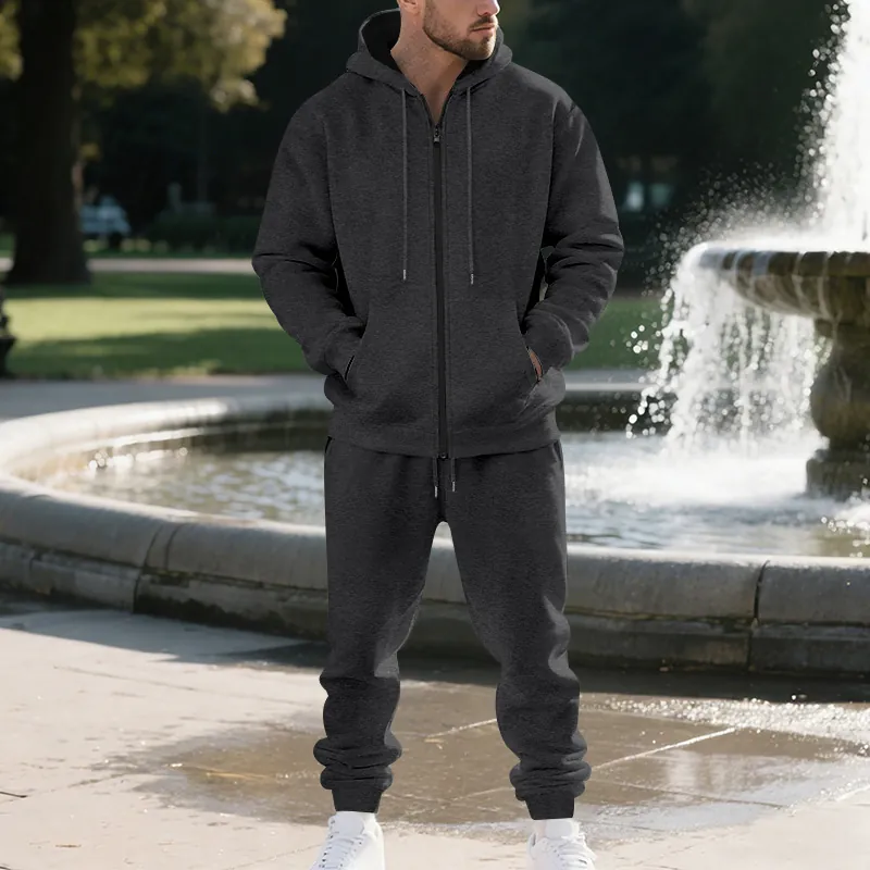 Men Tracksuit Hoodie Top And Pants Sportswear Heavyweight Fleece Lined Full Zip Hooded Sweatshirt Casual Outdoor Tracksuit