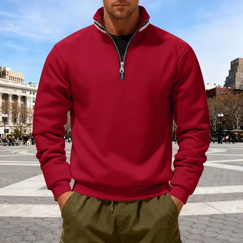 Felpa da Uomo con Mezza Zip in Misto Poliestere Collo Rialzato e Righe Pullover Casual a Maniche Lunghe Moda Urban Streetwear