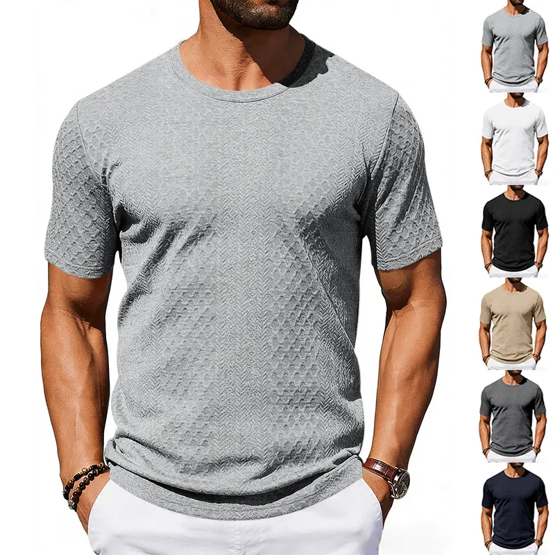 Herren Casual Jacquard Textur T-Shirt Polyester Atmungsaktiv Kurzarm Rundhalsausschnitt Sommer Mode Top Für Herren Alltag