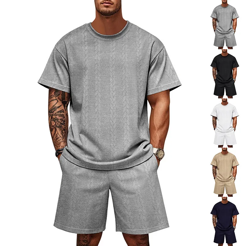 Men Casual Two Piece Summer Set Textured Cable Knit Jacquard Short Sleeve Crew Neck T-Shirt And Drawstring Shorts Outfit