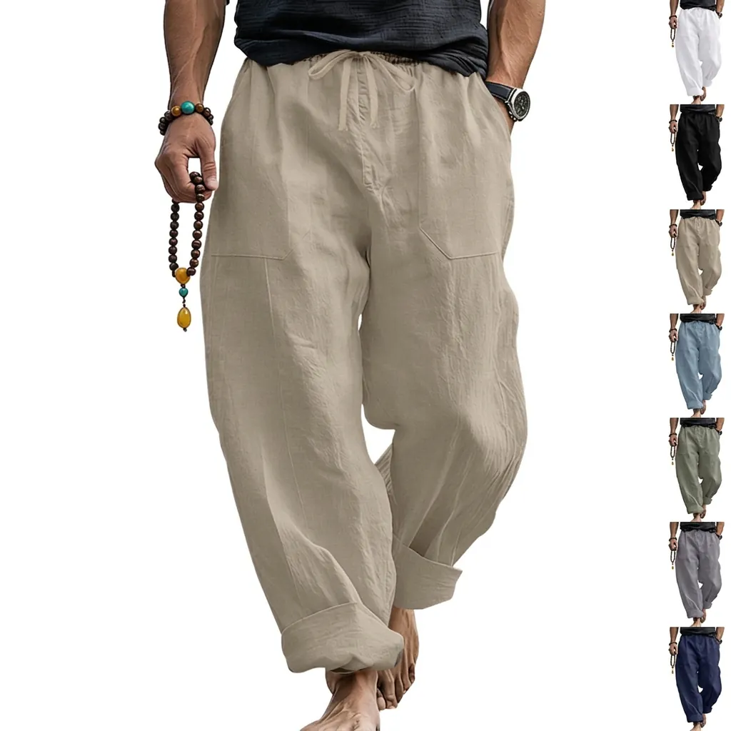 Men's Casual Linen Blend Trousers Loose Fit Beach Vacation Long Pants With Drawstring Waist And Large Pockets Straight Leg Breathable