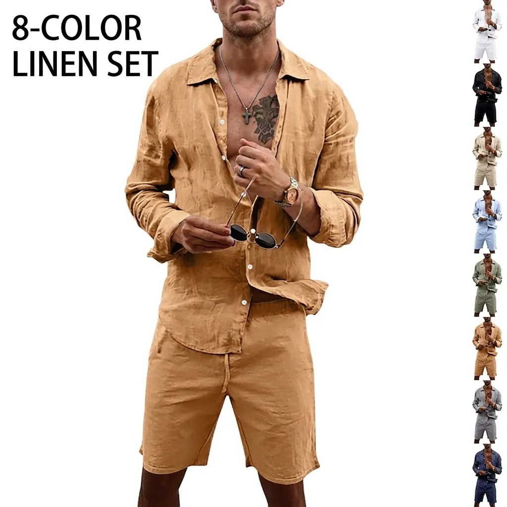 Men Casual Linen Long Sleeve Button Down Shirt And Drawstring Shorts Solid Color Lightweight Beach Vacation Outfits Summer Clothes