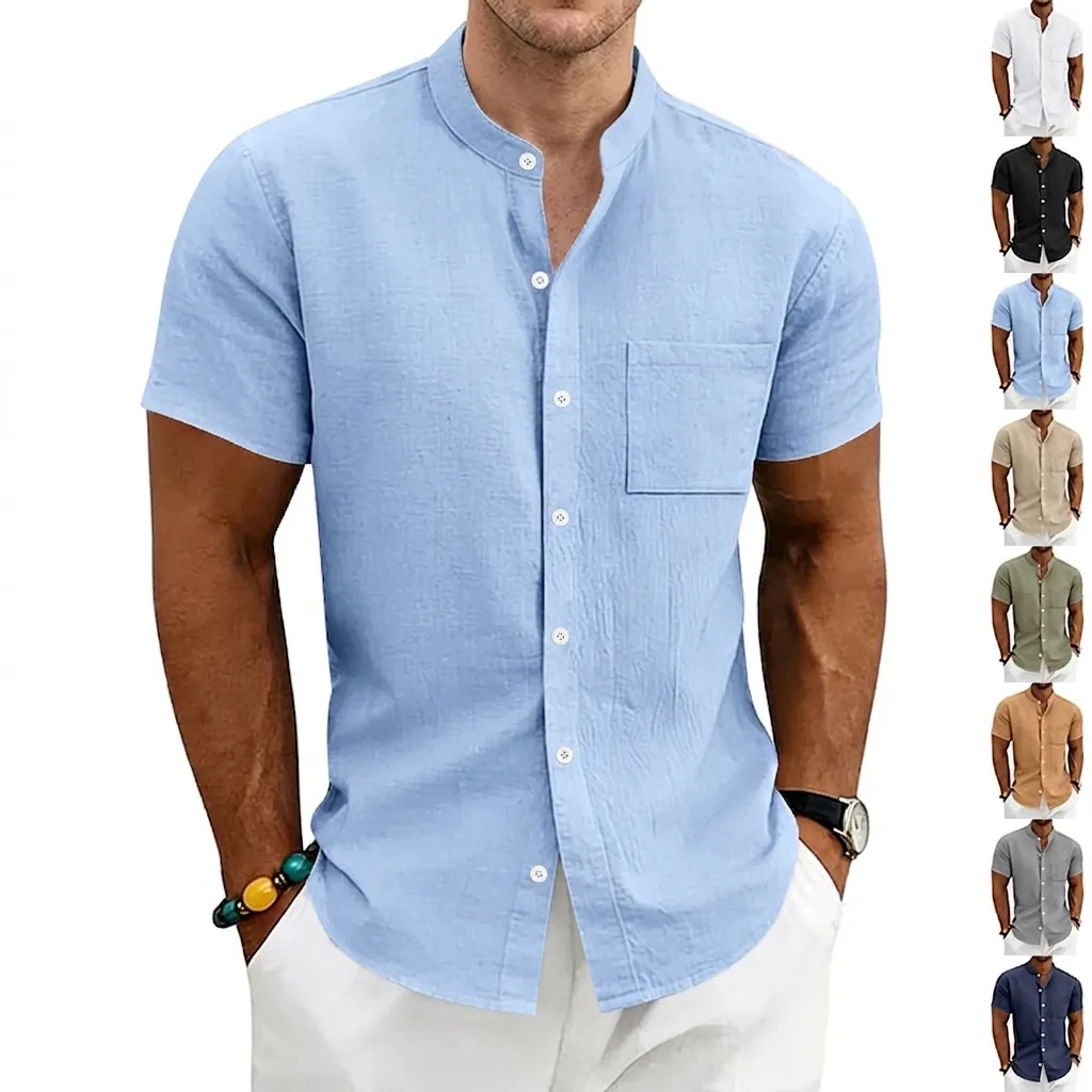 Men Casual Linen Blend Shirt Summer Short Sleeve Stand Collar Solid Color Breathable Top Chest Pocket Mandarin Henley Shirt
