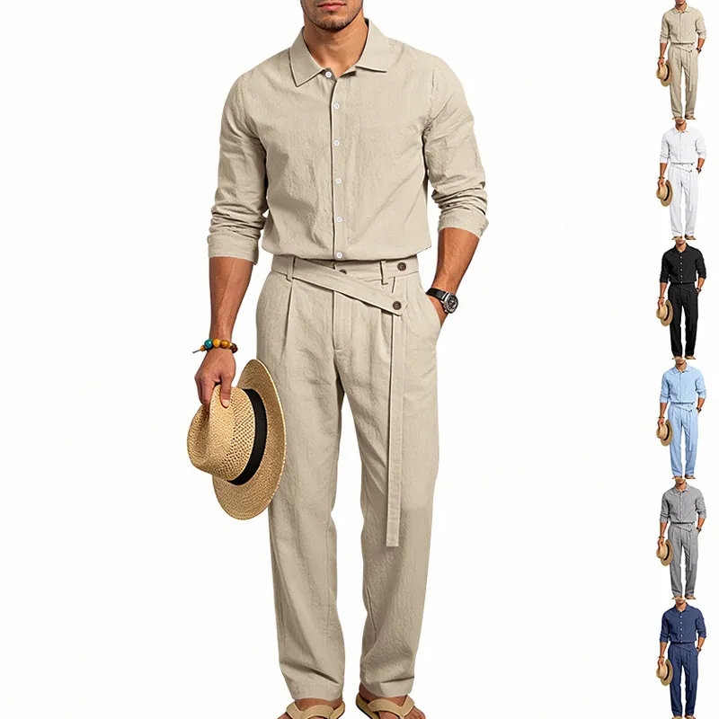 Herren Casual Leinen Top And Bottom Set Lockeres Revers Langarm Hemd Und Hose Set Atmungsaktiv Einfarbig Urlaub Outfits