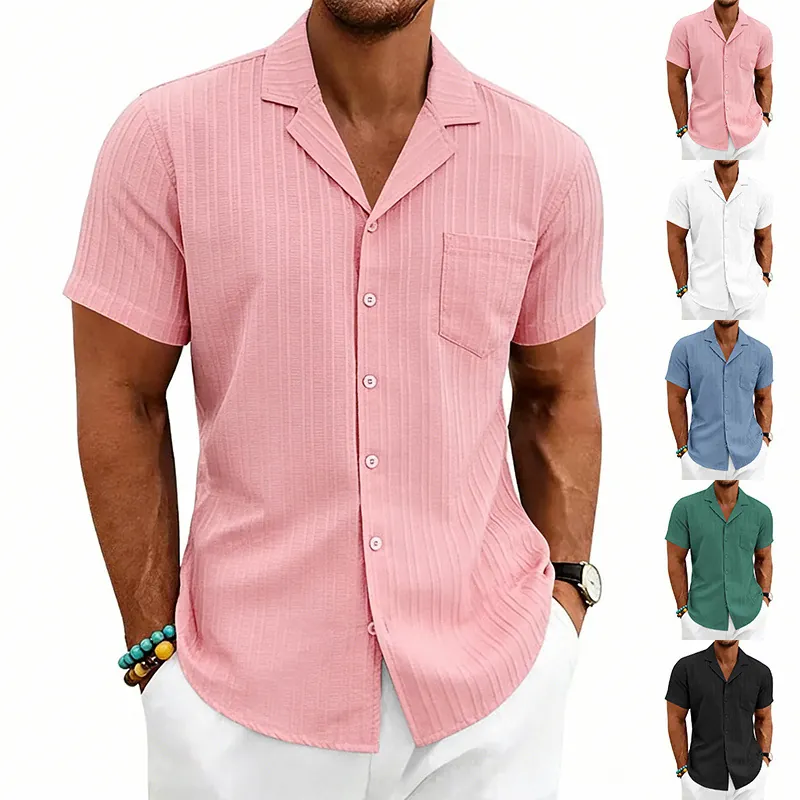 Men Casual Cuban Collar Short Sleeve Shirt Vertical Texture Breathable Button Down Beach Vacation Top With Pocket