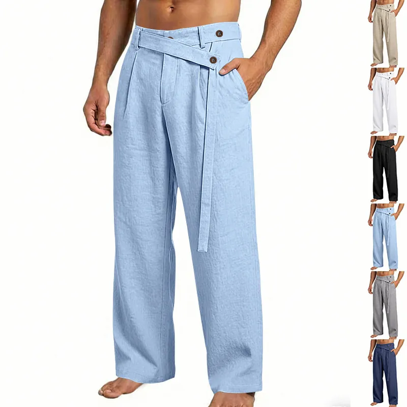 Men's Casual Linen Pants American Old Money Style Loose Straight Leg Breathable Trousers With Crossover Waist Band For Vacation Daily Wear