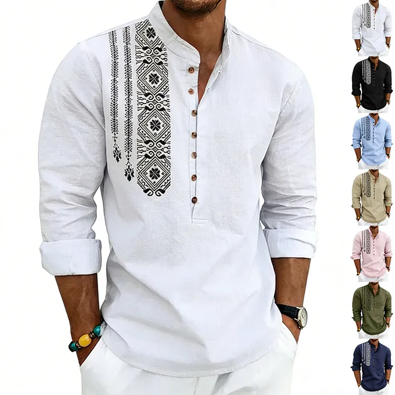 Men Casual Linen Henley Shirt Bohemian Ethnic Print Stand Collar Long Sleeve Loose Fit Beach Vacation Summer Top Breathable Cotton Blend Apparel