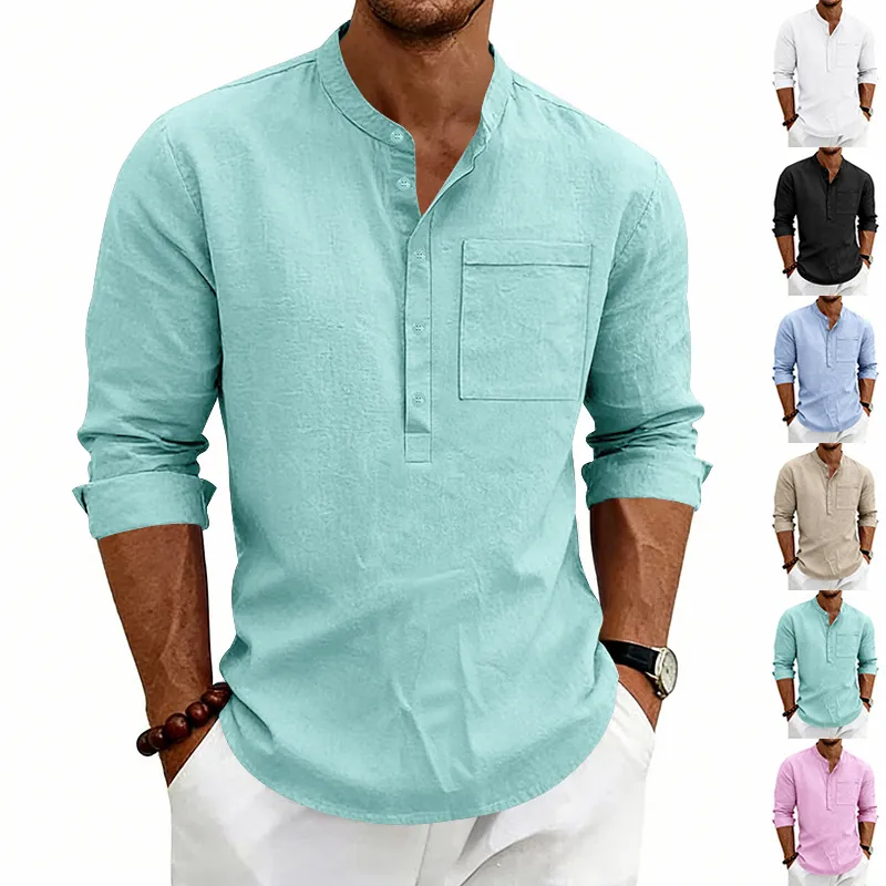 Camicia Henley da Uomo in Lino Manica Lunga Colletto alla Coreana Tinta Unita Casual Traspirante Top Moda Morbido Taschino Bottoni