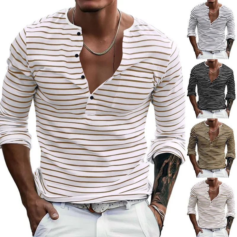 Men Long Sleeve Henley Shirt Classic Striped T-Shirt Polyester Spandex Breathable Casual Top For Autumn Winter Male Fashion