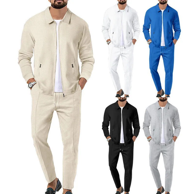 Men Waffle Texture Casual Tracksuit Full Zip Lapel Jacket And Matching Pants Suits Spring Autumn Daily Wear Sporty Outfit
