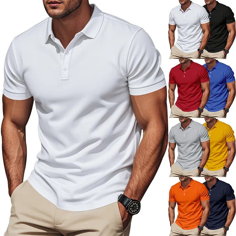 Men's Casual Short Sleeve Polo Shirt Solid Color Turn Down Collar Button Placket Breathable Polyester Top Summer Sport Fashion Urban Style Tee