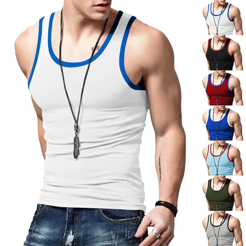 Men Slim Fit Tank Top American Retro Contrast Trim Sports Undershirt Summer Sleeveless Casual Polyester Baselayer Fitness Vest