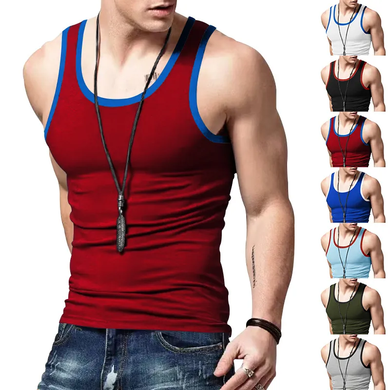 Men Sport Tank Top Polyester Quick Dry Slim Fit Contrast Trim Singlet For Fitness Training Gym Casual Sleeveless Top